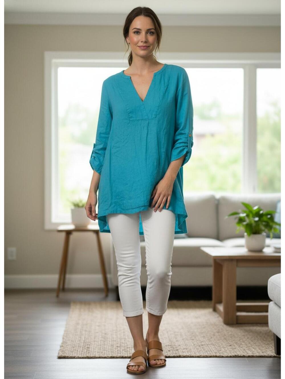 Preston & York Women's Turquoise Linen Tunic Top Size L